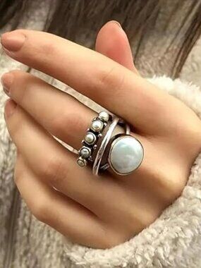 Silver Ring Three Layers Cross Pearl Ring Statement Ring Handmade Boho Sz 7